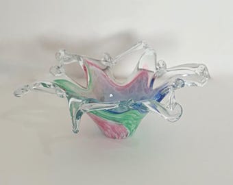 Vintage MCM Free Form Pulled Art Glass Pastel Color Bowl Mid Century Modern