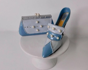 AVON "All Dressed Up" Blue Pearl Pump Shoe & Handbag Set of Two Fashion Figurine