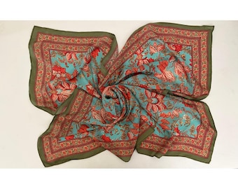 VISMAYA Silk Botanical Floral Square Scarf Colorful Accessory Made in India