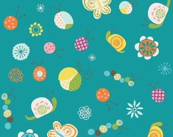 HAPPIER by Deena Rutter ~ Fabric ~ Bugs on Blue ~ Riley Blake ~ Butterflies ~ Snails ~ Aqua ~ Kids ~ Nursery ~ Quilting ~ Sewing ~ I Spy