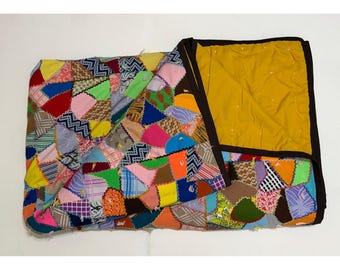 Vintage CRAZY PATCHWORK 95" x 78" Tied Quilt Embroidered Boho Cottagecore