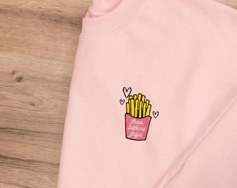 Fries Before Guys Embroidered Light Pink Valentine Galentine Custom Crewneck Sweatshirt XOXO Hearts