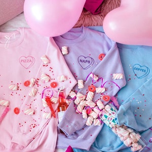 Customize your own Valentine’s Day Crewneck sweatshirt, embroidered sweatshirt conversation heart! Personalized candy heart Pink Blue Purple
