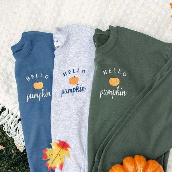 Hello Pumpkin Embroidered Custom Halloween Crewneck Sweatshirt, PSL Pumpkin Everything Fall, autumn