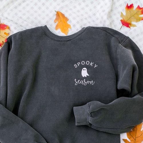 Spooky Season Comfort Colors Halloween Ghost Black Embroidered Crewneck Sweatshirt or T-shirt, PSL Pumpkin Fall, Cute and scary autumn Shirt