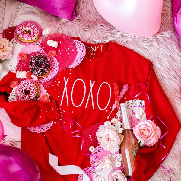 Embroidered Skinny XOXO Valentine Galentine Red Custom Crewneck Sweatshirt