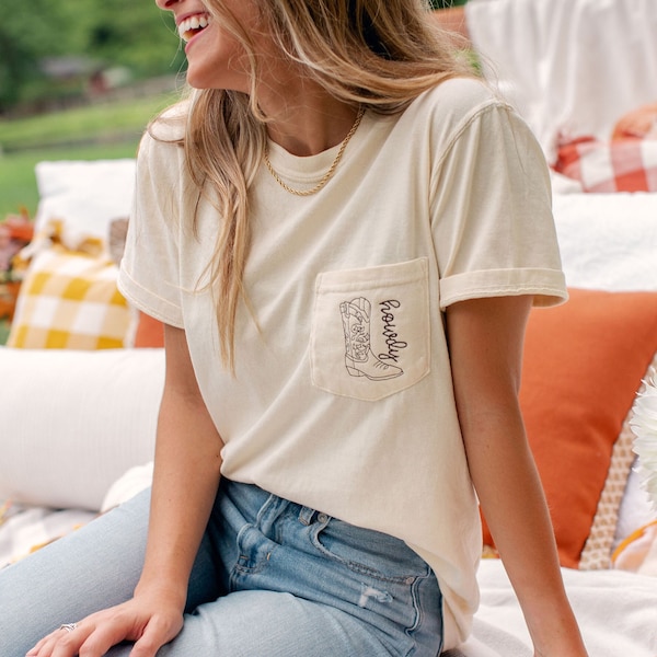 Howdy Cowgirl Embroidered Pocket Tee, Western Ranch Short Sleeve, Farm T-Shirt, Wild West Boot, Nashville Bachelorette