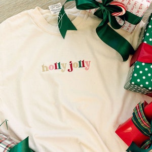 Holly Jolly Retro Embroidered Crewneck Sweatshirt or T-shirt, Christmas Colorful Winter Vintage Wash Tee, Secret Santa Gift