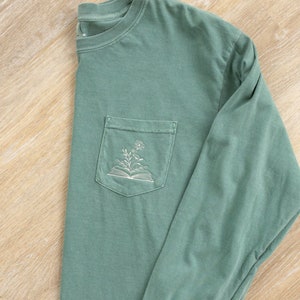Floral book Embroidered Pocket Tee, Long Sleeve, Crewneck Sweatshirt, Summer T-Shirt, Green Book Nature Lover
