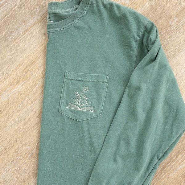 Floral book Embroidered Pocket Tee, Long Sleeve, Summer T-Shirt, Book Nature Lover