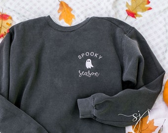 Può includere: Una felpa grigia scura con un fantasma bianco e il testo "Spooky Season" ricamato sul davanti.