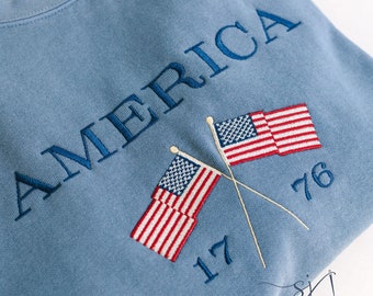 America Flags Embroidered Crewneck Sweatshirt, Comfort Colors USA, July 4th, Independence Red White Blue United States American, Election