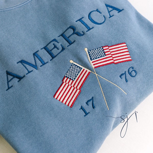 America Flags Embroidered Crewneck Sweatshirt, Comfort Colors USA, July 4th, Independence Red White Blue United States American, Election