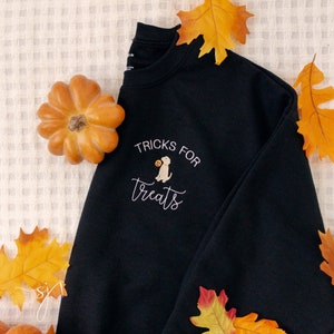 Tricks for Treats Black Gildan Golden Puppy Dog Embroidered Custom Crewneck Sweatshirt, Everything Fall, Autumn Halloween