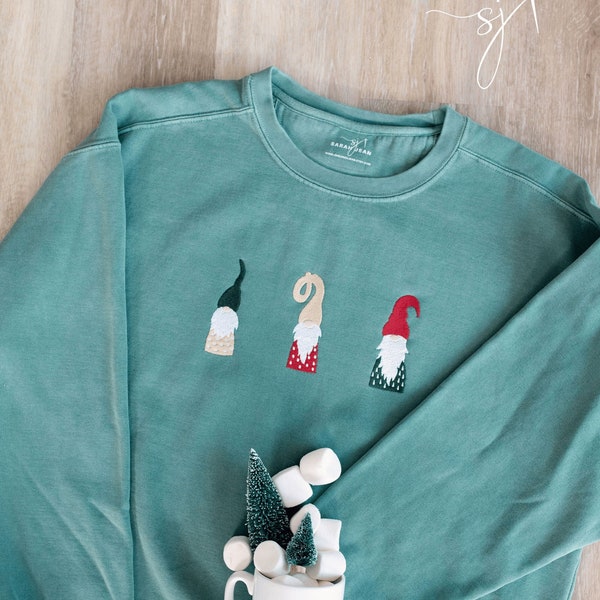 Christmas Gnomes Comfort Colors Green Embroidered Crewneck Sweatshirt, Merry Christmas Secret Santa Gift Winter Sweatshirt, Holiday Elves