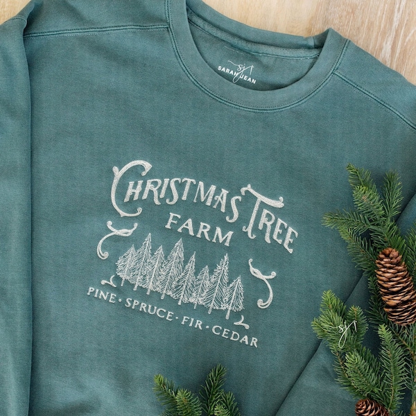 Vintage Christmas Tree Farm Comfort Colors Green Embroidered Crewneck Sweatshirt, Merry Christmas Santa Gift Sweatshirt, Pine Scandanavian