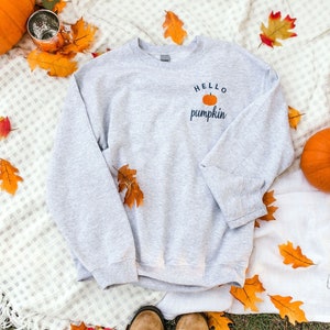 Hello Pumpkin Embroidered Custom Halloween Crewneck Sweatshirt, PSL Pumpkin Everything Fall, autumn image 3