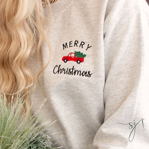 Embroidered Merry Christmas Red Truck Holiday Custom Crewneck Sweatshirt, Winter Vintage Classic Inspired