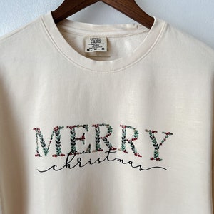 Floral Merry Christmas Comfort Colors Ivory Embroidered Crewneck Sweatshirt, Merry Christmas Santa Gift Sweatshirt, Sweet Cream