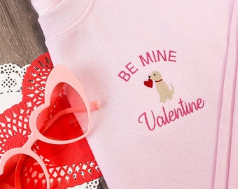 Be Mine Valentine Dog Gildan Crewneck, Embroidered Pink Valentine's Day Sweatshirt, XOXO Hearts Gift