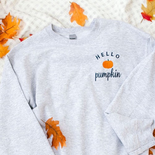 Hello Pumpkin Embroidered Custom Halloween Crewneck Sweatshirt, PSL Pumpkin Everything Fall, autumn