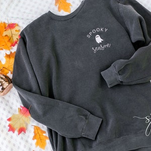 Spooky Season Comfort Colors Halloween Ghost Black Embroidered Crewneck Sweatshirt or T-shirt, PSL Pumpkin Fall, Cute and scary autumn Shirt image 5