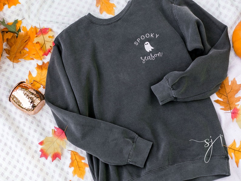 Spooky Season Comfort Colors Halloween Ghost Black Embroidered Crewneck Sweatshirt or T-shirt, PSL Pumpkin Fall, Cute and scary autumn Shirt image 5