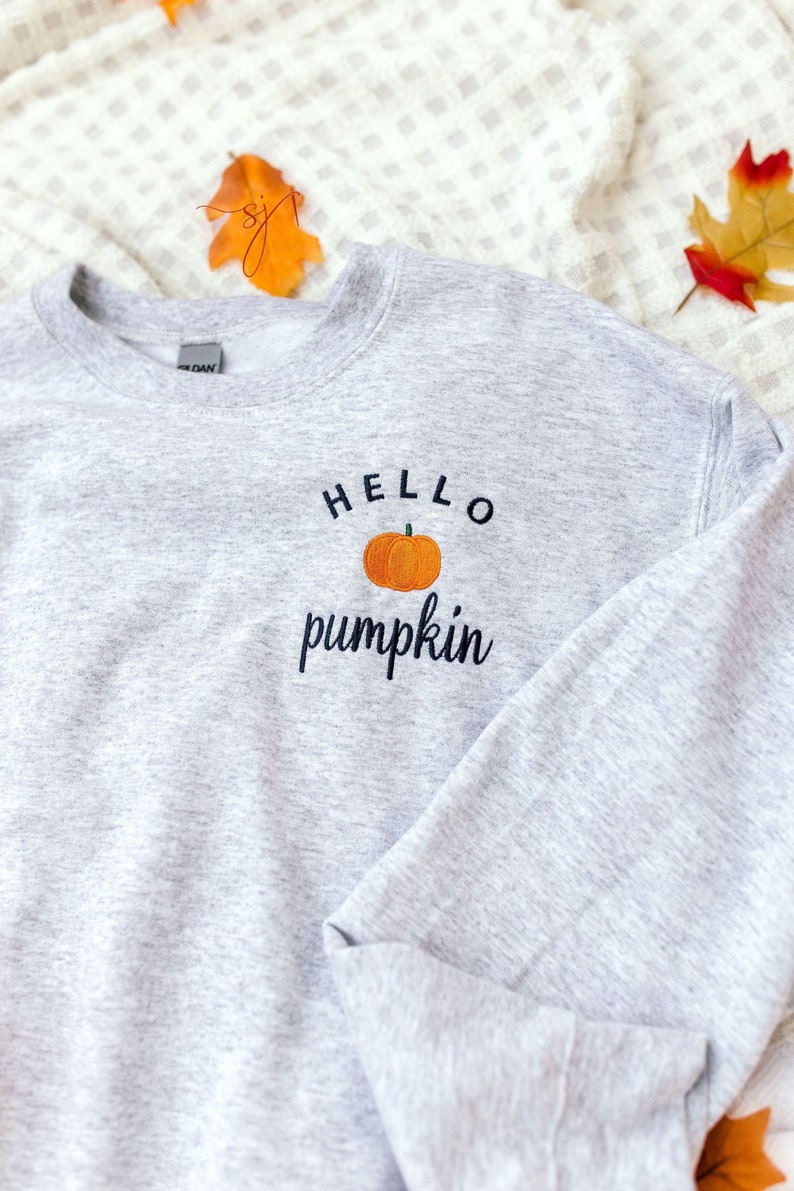 Hello Pumpkin Embroidered Custom Halloween Crewneck Sweatshirt, PSL Pumpkin Everything Fall, autumn image 10