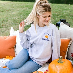 Hello Pumpkin Embroidered Custom Halloween Crewneck Sweatshirt, PSL Pumpkin Everything Fall, autumn image 9