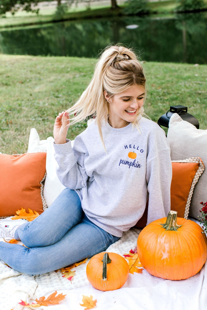 Hello Pumpkin Embroidered Custom Halloween Crewneck Sweatshirt, PSL Pumpkin Everything Fall, autumn image 9