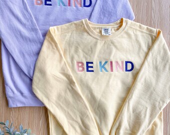 BE KIND Comfort Colors Light Yellow Crewneck Sweatshirt, Unisex Rainbow Embroidered Sweatshirt