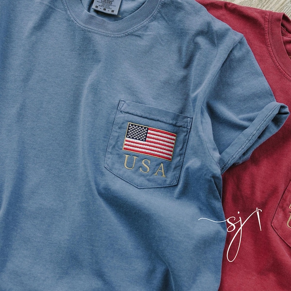 USA Flag Embroidered Pocket Tee, USA Shirt 4th of July Independence Day Patriotic, Long Sleeve, Sweatshirt United States America, Vintage