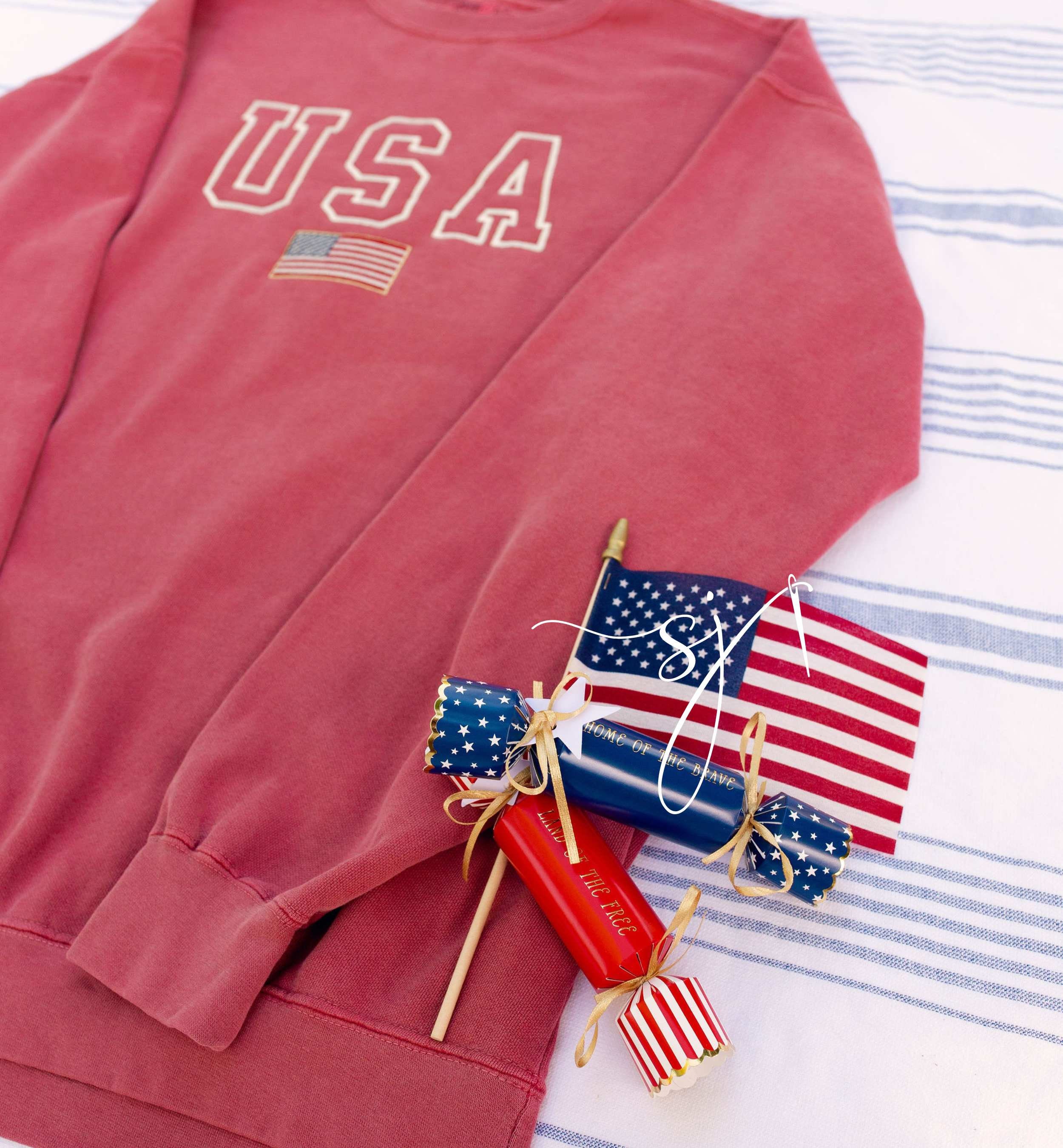 USA Embroidered Varsity Crewneck Sweatshirt, Comfort Colors Summer