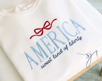 America Embroidered Patriotic Bow Crewneck Sweatshirt Fourth of July Summer Red White and Blue, Patriot, July 4th