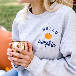 Hello Pumpkin Embroidered Custom Halloween Crewneck Sweatshirt, PSL Pumpkin Everything Fall, autumn image 4