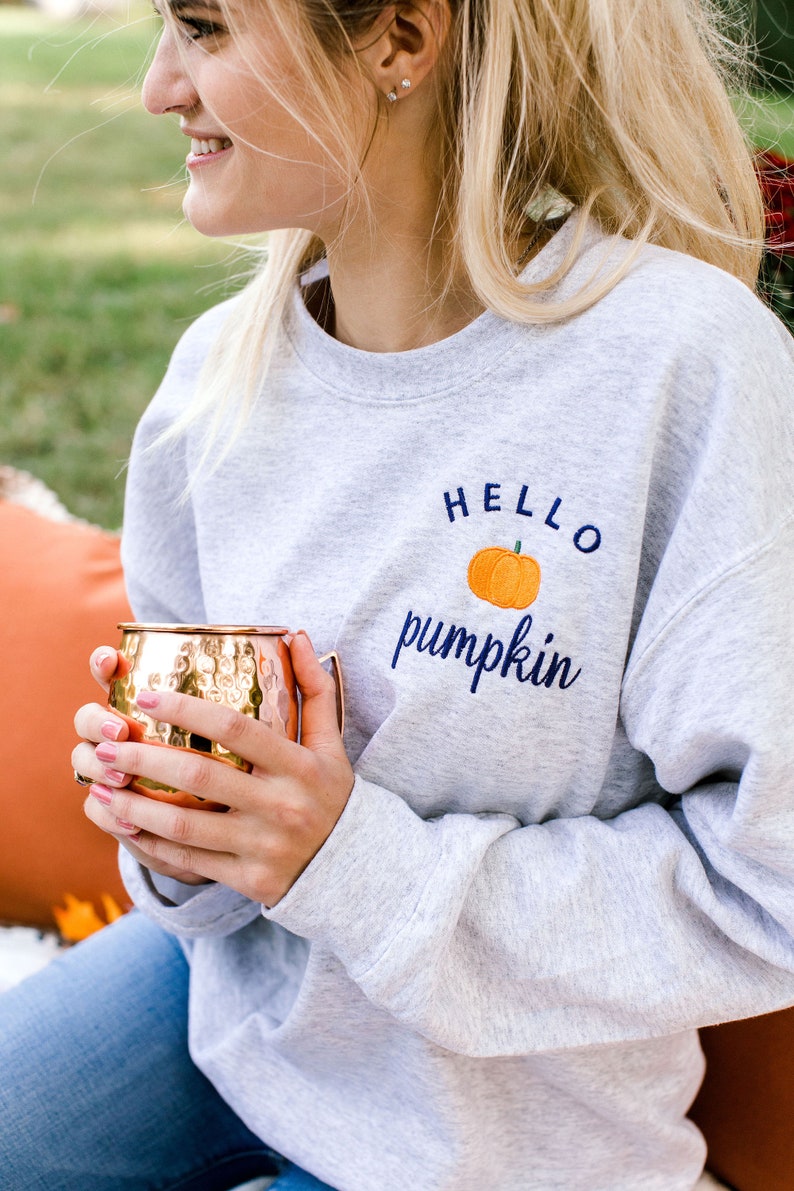 Hello Pumpkin Embroidered Custom Halloween Crewneck Sweatshirt, PSL Pumpkin Everything Fall, autumn image 4