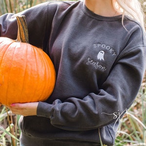 Spooky Season Comfort Colors Halloween Ghost Black Embroidered Crewneck Sweatshirt or T-shirt, PSL Pumpkin Fall, Cute and scary autumn Shirt image 10