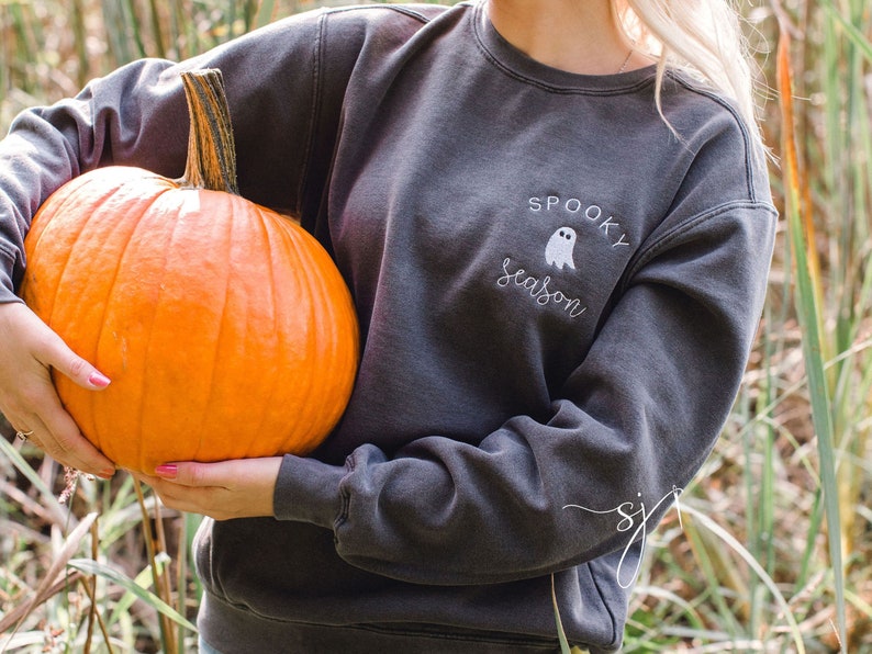 Spooky Season Comfort Colors Halloween Ghost Black Embroidered Crewneck Sweatshirt or T-shirt, PSL Pumpkin Fall, Cute and scary autumn Shirt image 10