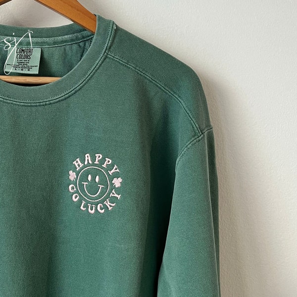 Happy Go Lucky Embroidered Smiley Face, St. Patrick's Day Crewneck Sweatshirt, Irish Green Tshirt  Long Sleeve Pinch Me Leprechaun