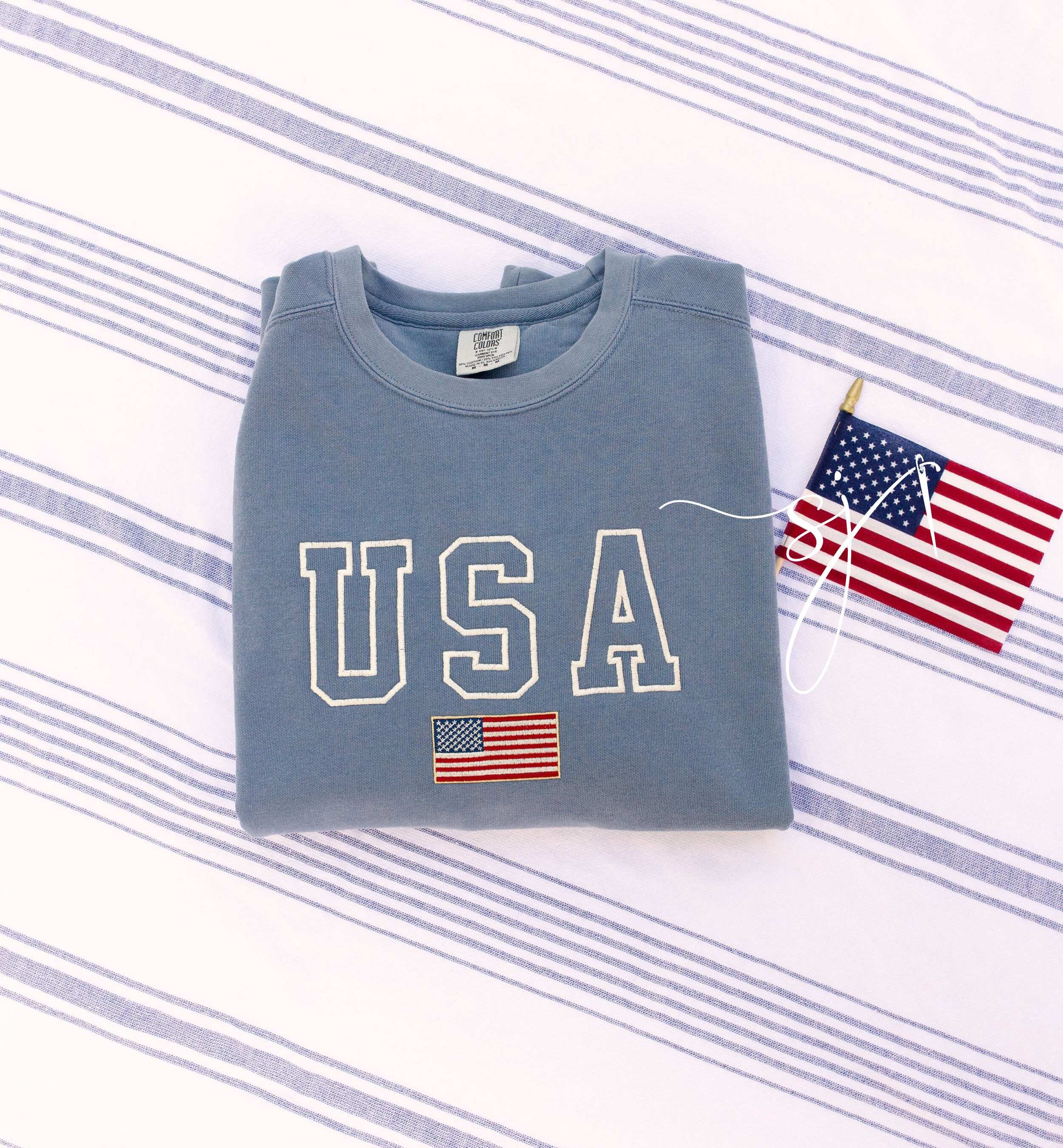 USA Embroidered Varsity Crewneck Sweatshirt, Comfort Colors Summer