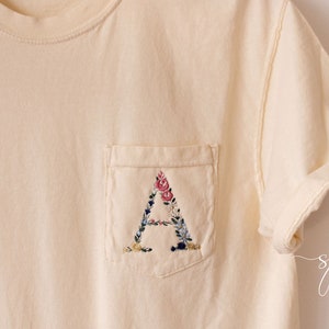 Floral Heritage Monogram Embroidered Pocket Tee, Vintage Inspired Short Sleeve, Cream Beige Custom Monogram Flower T-Shirt