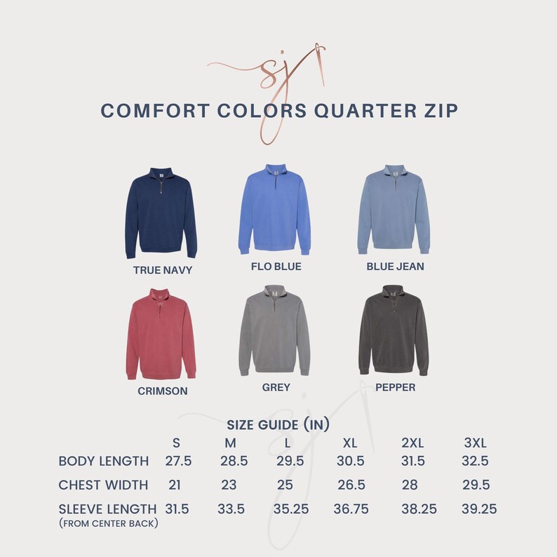 May include: A size chart for a quarter zip sweatshirt in various colors, including true navy, flo blue, blue jean, crimson, grey, and pepper. The chart shows measurements in inches for body length, chest width, and sleeve length.
