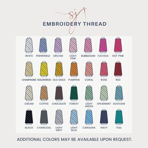 May include: A chart of embroidery thread colours with names for each colour. The colours include white, periwinkle, orchid, light pink, bubblegum, fuchsia, hot pink, champagne, goldenrod, old gold, pumpkin, coral, rose, red, cream, coffee, chocolate, forest, light green, spearmint, seafoam, black, charcoal, light grey, light blue, Carolina, navy, and teal. The text "ADDITIONAL COLORS MAY BE AVAILABLE UPON REQUEST." is at the bottom of the chart.