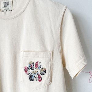 Floral Paw Print Embroidered Pocket Tee, Vintage Inspired Short Sleeve, Cream Beige Custom Dog Mom Cat Mom Flower T-Shirt