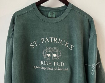 St. Patrick's Irish Pub Embroidered Crewneck Sweatshirt, Lucky Vintage Inspired Block Letter, Varsity Blue Spruce Green Comfort Colors Irish