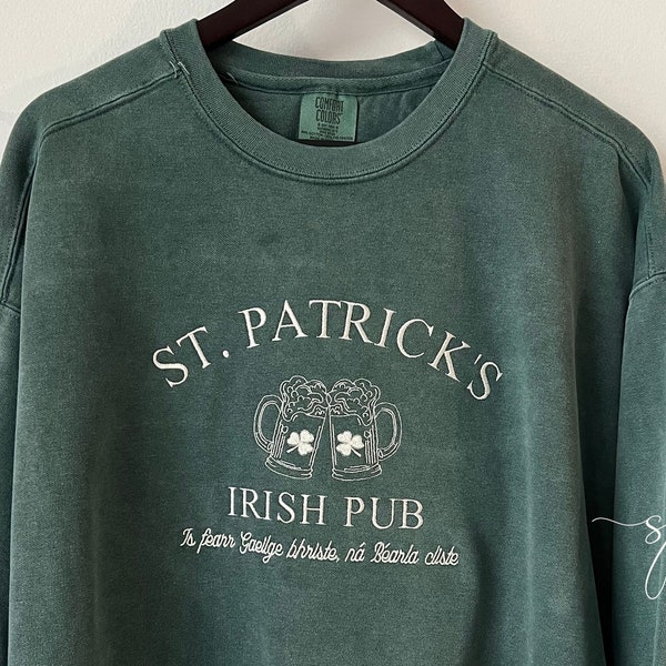 St. Patrick's Irish Pub Embroidered Crewneck Sweatshirt, Lucky Vintage Inspired Block Letter, Varsity Blue Spruce Green Comfort Colors Irish