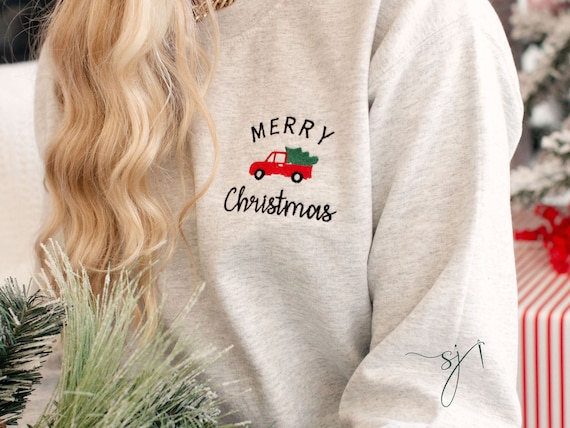 Embroidered Merry Christmas Red Truck Holiday Custom Crewneck Sweatshirt Winter Vintage Classic Inspired Etsy