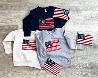 Toddler Youth Applique American Flag Embroidered Crewneck Sweatshirt, American Flag Fourth of July Red White and Blue, July 4th, Patriotic