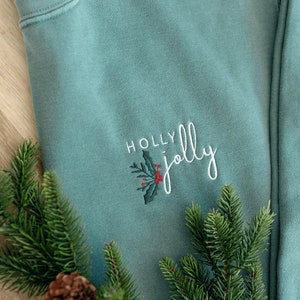 Holly Jolly Embroidered Light Green Comfort Colors Crewneck Sweatshirt or T-shirt, Winter, Minimalistic Shirt, Christmas Secret Santa Gift