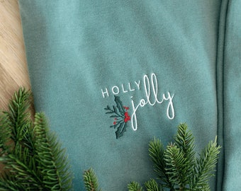 Holly Jolly Embroidered Light Green Comfort Colors Crewneck Sweatshirt or T-shirt, Winter, Minimalistic Shirt, Christmas Secret Santa Gift